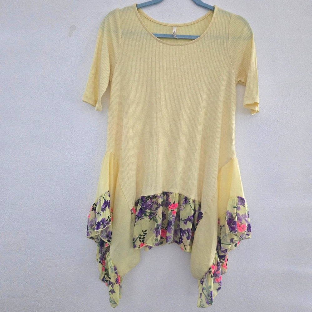 Mittoshop Yellow Ribbed Tunic Top Floral Chiffon Ruffle Sharkbite Hem Small NWOT